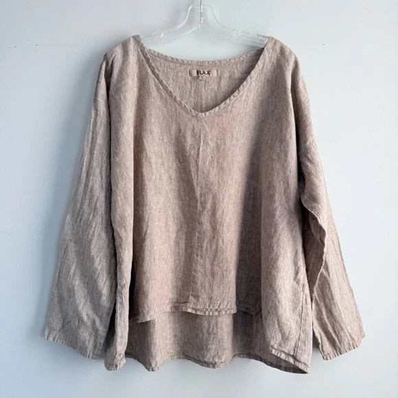 FLAX 100% Linen Oversized V-Neck Tunic Top L Lagenlook Bohemian Long Sleeves - Picture 7 of 14